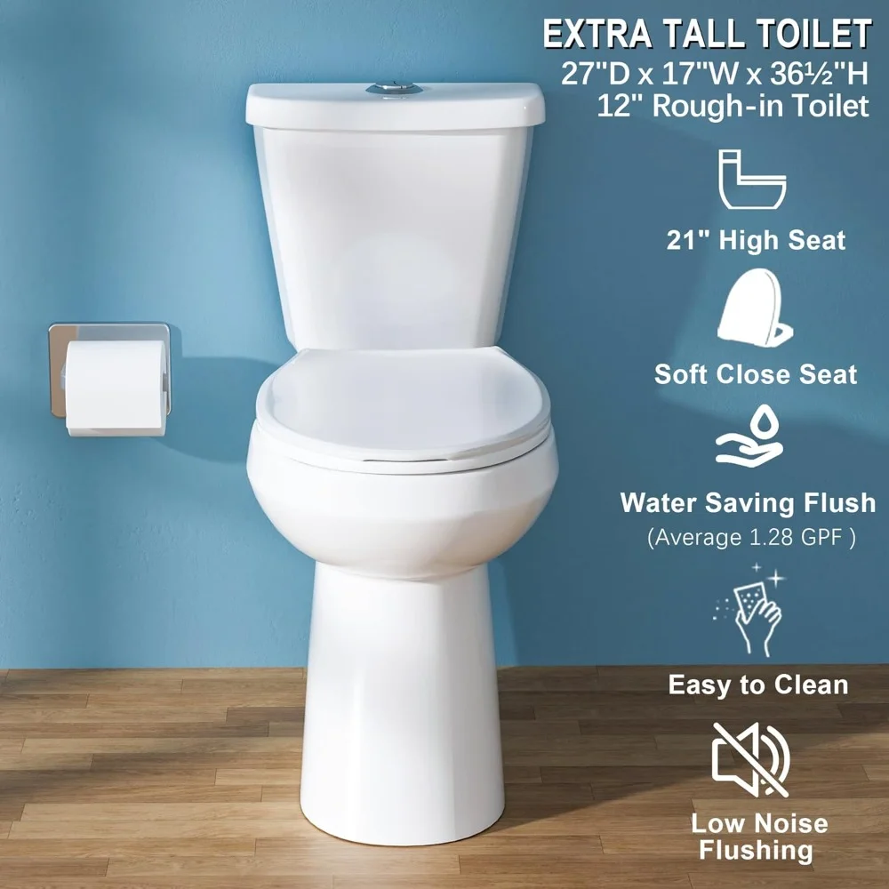21" Tall Toilet for Seniors: Extra High, Modern White, Comfort Height, Power Flush, Two-Piece, Dual Flush 1.28 GPF, 12" Rough-In