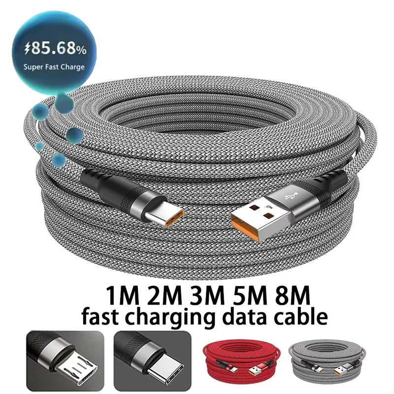USB 타입 C 연장 케이블 고속 충전 삼성 샤오미 화웨이 리얼미 오포 안드로이드 모바일 폰 USB 데이터 케이블 1M/2M/3M/5M/8M
