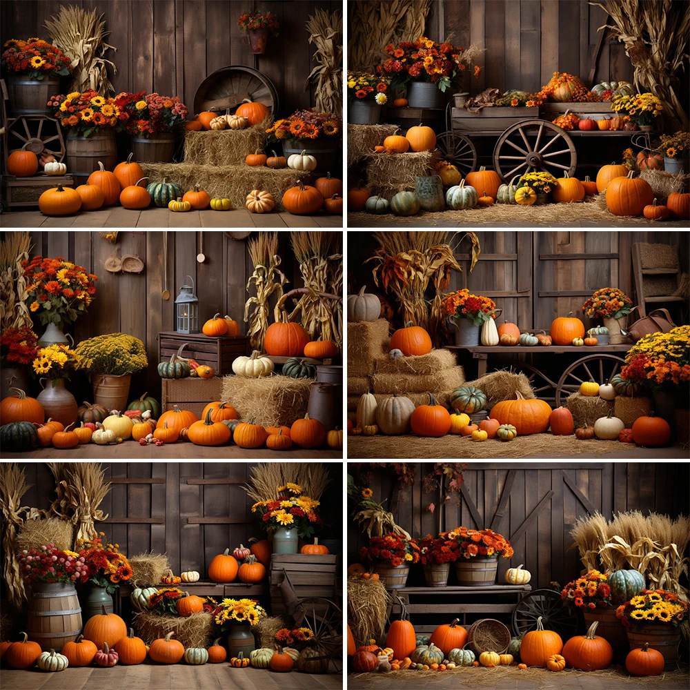 

Mocsicka Autumn Thanksgiving Photography Backdrop Barn Pumpkin Harvest Hay Maple Leaves Sunflower Children Photo Background Prop