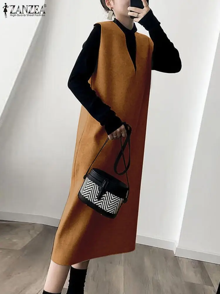 

Винтажное вельветовое платье ZANZEA большого размера, женское однотонное платье-фартук 2023, Зимняя юбка без рукавов на бретелях, Модное Длинное Платье с V-образным вырезом