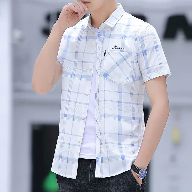 Men's Plaid Checkered Print Short Sleeve Cotton Shirt Front Patch Chest Pocket Button-down Thin Business Casual Shirts E72