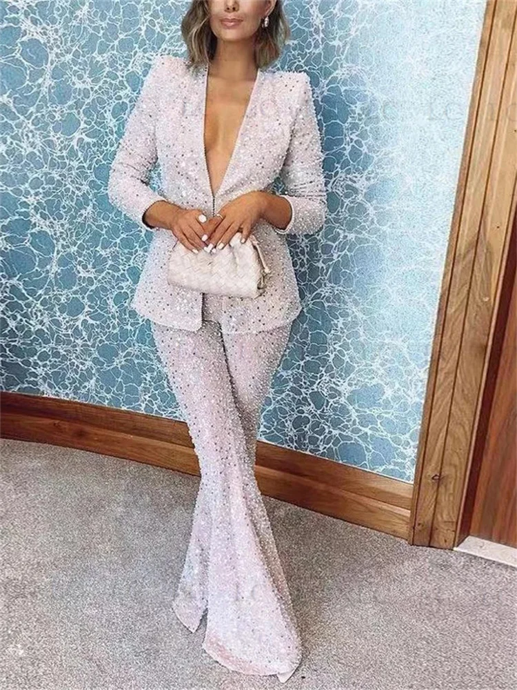 Sparkly Sequins BeadingWomen Suits Fashion 2 Piece Blazer Pants Prom Work Peaked Lapel One Button Plus Size Hollow Costume Homme