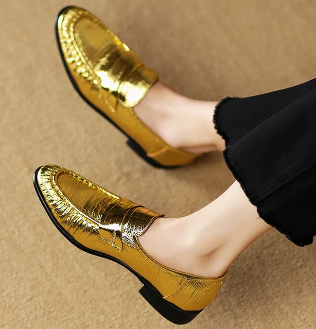 

EAGSITY Cow leather British style golden penny loafer women shoes slip on mule casual leather shoes office lady shoes wedding