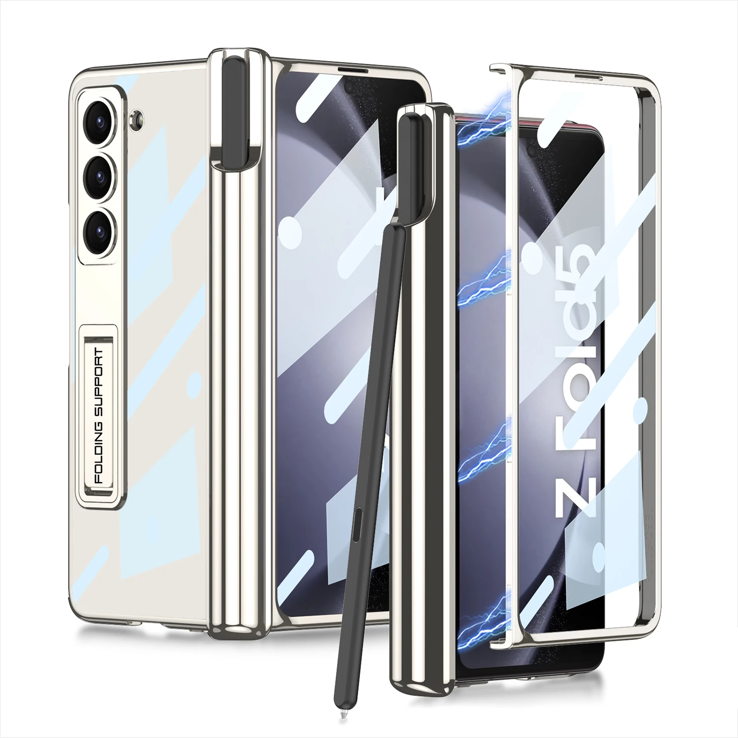 For Samsung Galaxy Z Fold 5 5G Case Electroplated Magnetic Hinge Pen Holder Kickstand Transparent With Tempered Film Hard Cover