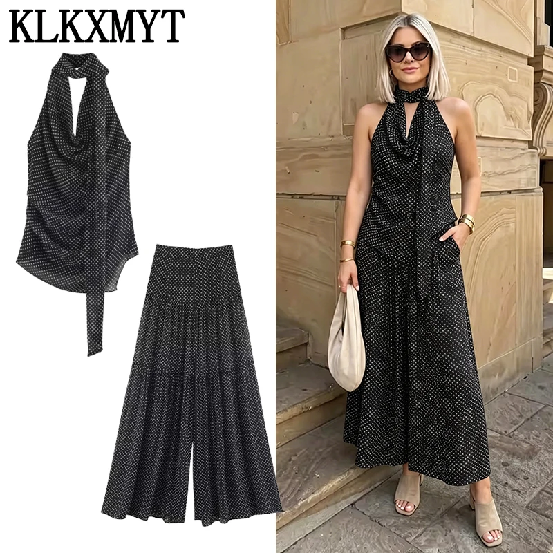 KLKXMYT Schickes Polka-Dot-Plissee-Hosen-Set für Damen, Neckholder-Top, Damenanzüge, Frühjahr/Sommer 2026, Lässige Streetwear-Outfits für Frauen ﻿