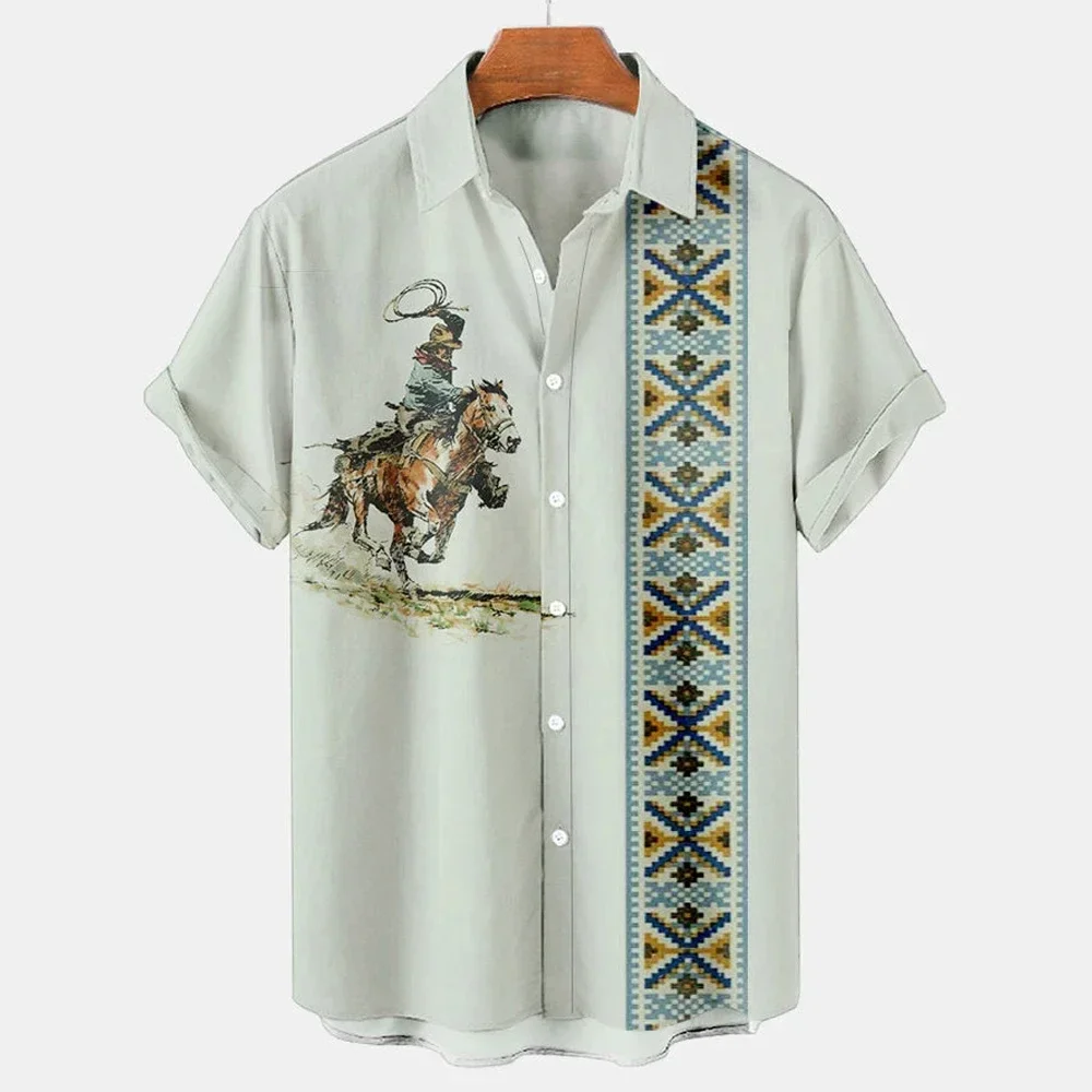 Camisas de manga corta con estampado etnico Vintage para hombre, camisas informales hawaianas con solapa de mezclilla y botones,