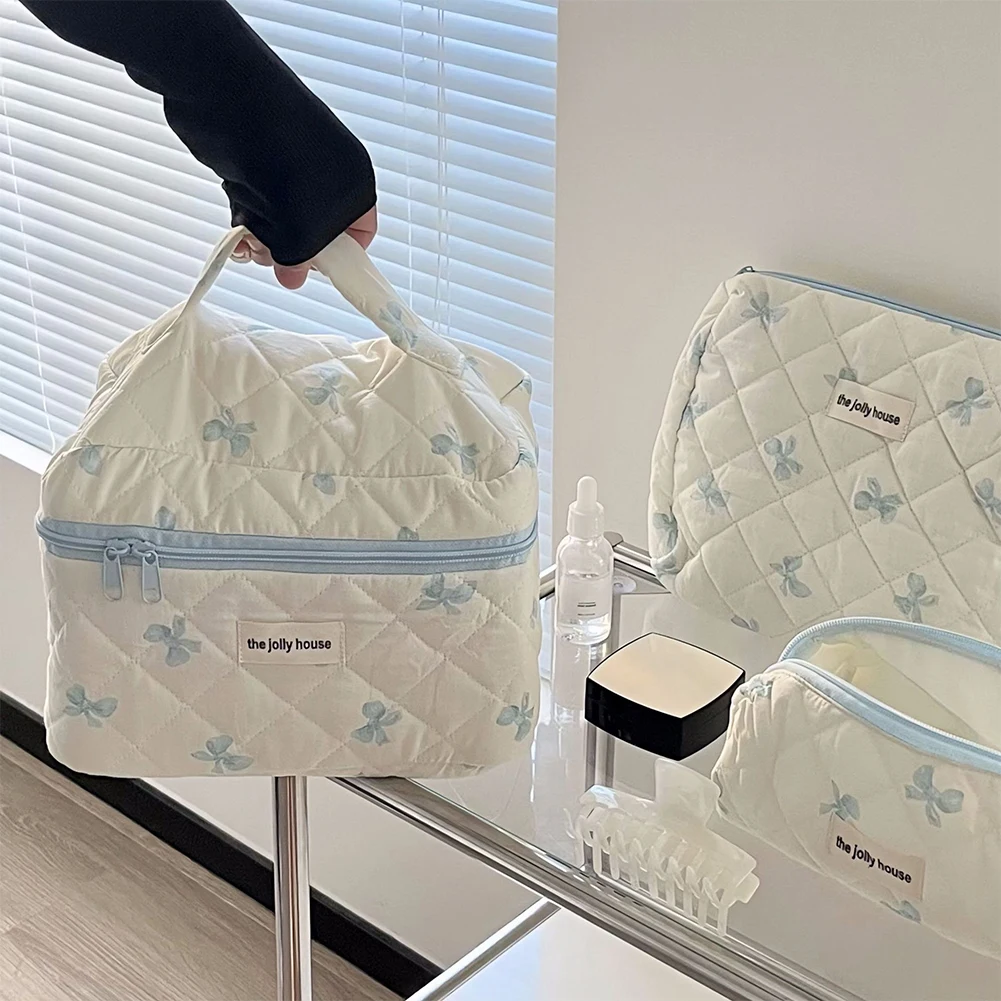 지퍼가 달린 귀여운 활 화장품 가방, 여행용 메이크업 파우치, 코튼 퀼트 메이크업 정리함, 여성 소녀용 보관 가방