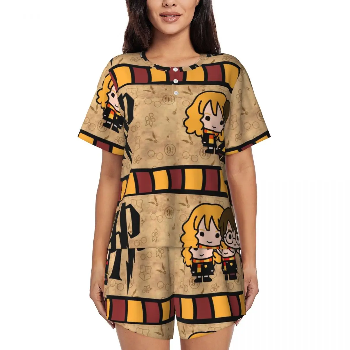 Women Harrys Magic Adventure Movies Potters Pajamas Set Custom Printed Two-piece Pjs Sets Short Sleeve Sleepwear Loungewear