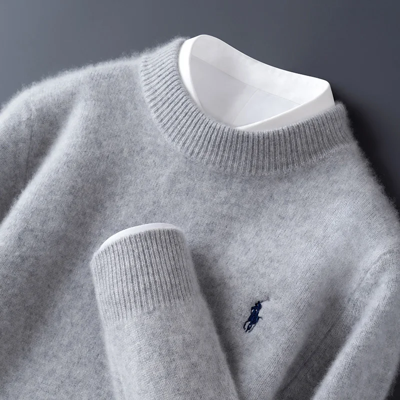 New autumn/winter men's round neck sweater casual knit pullover embroidered Jumper loose 100% Merino wool Tops basic versatile 4