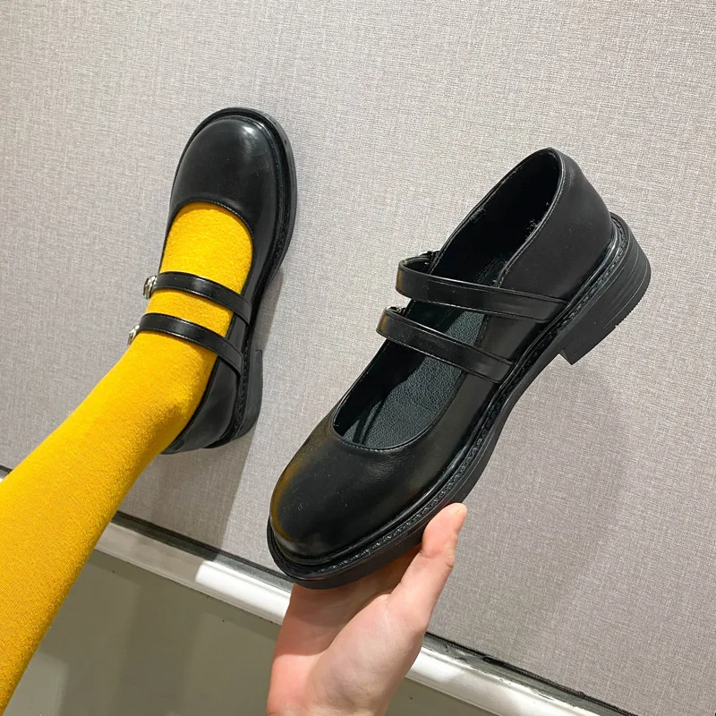 

2023 New Women Double Buckle Mary Jane Shoes Low Heels Lolita Round Toe Japanese JK Girls School Shoes Black Kawaii Flats