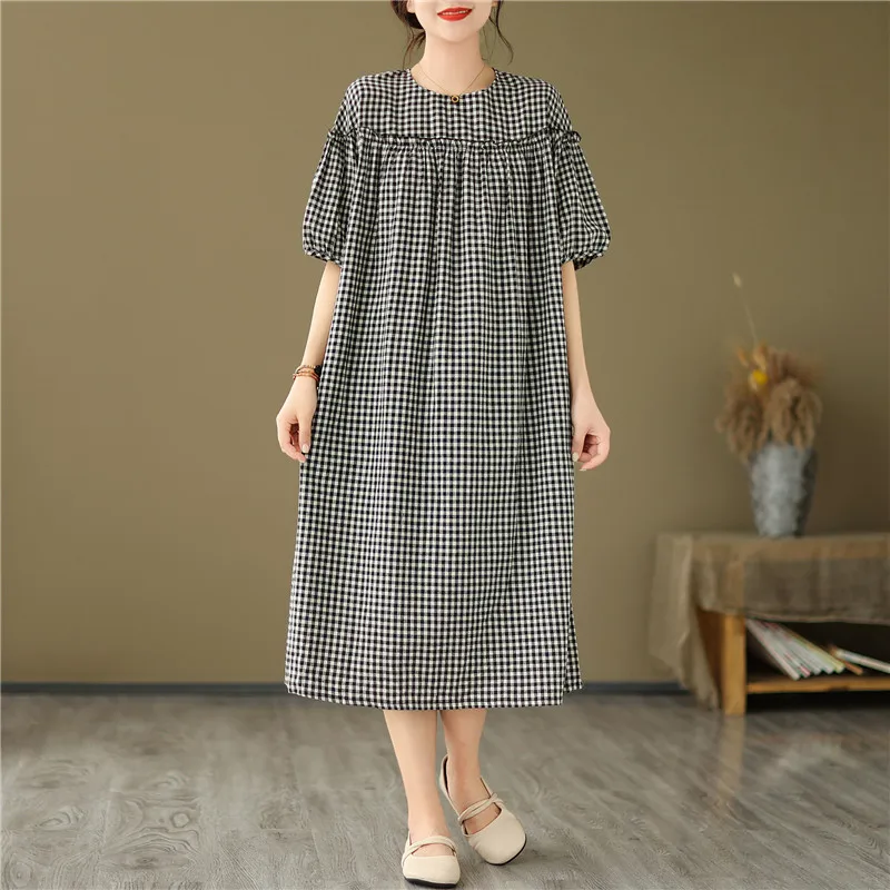 

2023 New Arrival Edible Tree Fungus Fashion Plaid Summer Dress Office Lady Work Dress Cotton Linen Women Casual Midi Dress