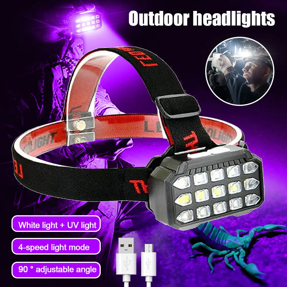 

10W 15LED UV+White Light Headlight Pet Stains Checker Waterproof Rechargeable Ultraviolet Head Lamp Scorpion Hunting Lanterna