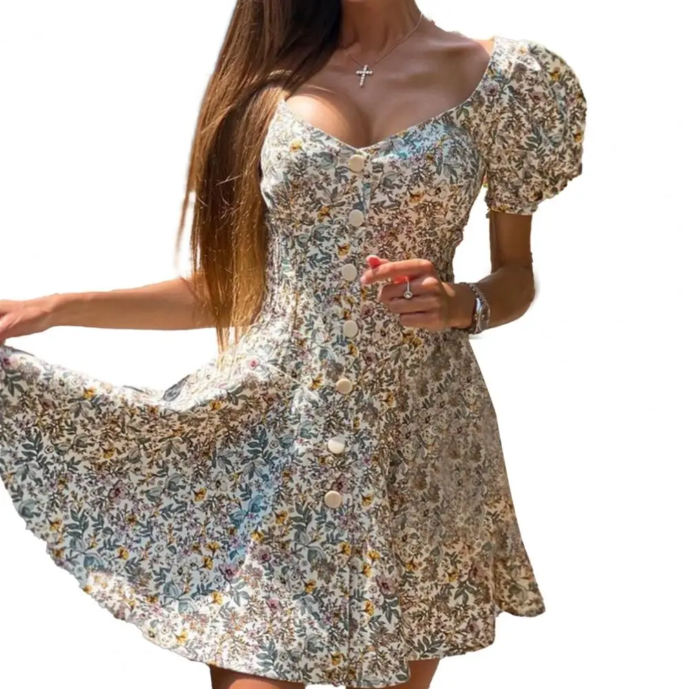 

Square Collar A-Line Hem Mini Dress Women Floral Print Puff Short Sleeve Dress vestidos verano moda 2024