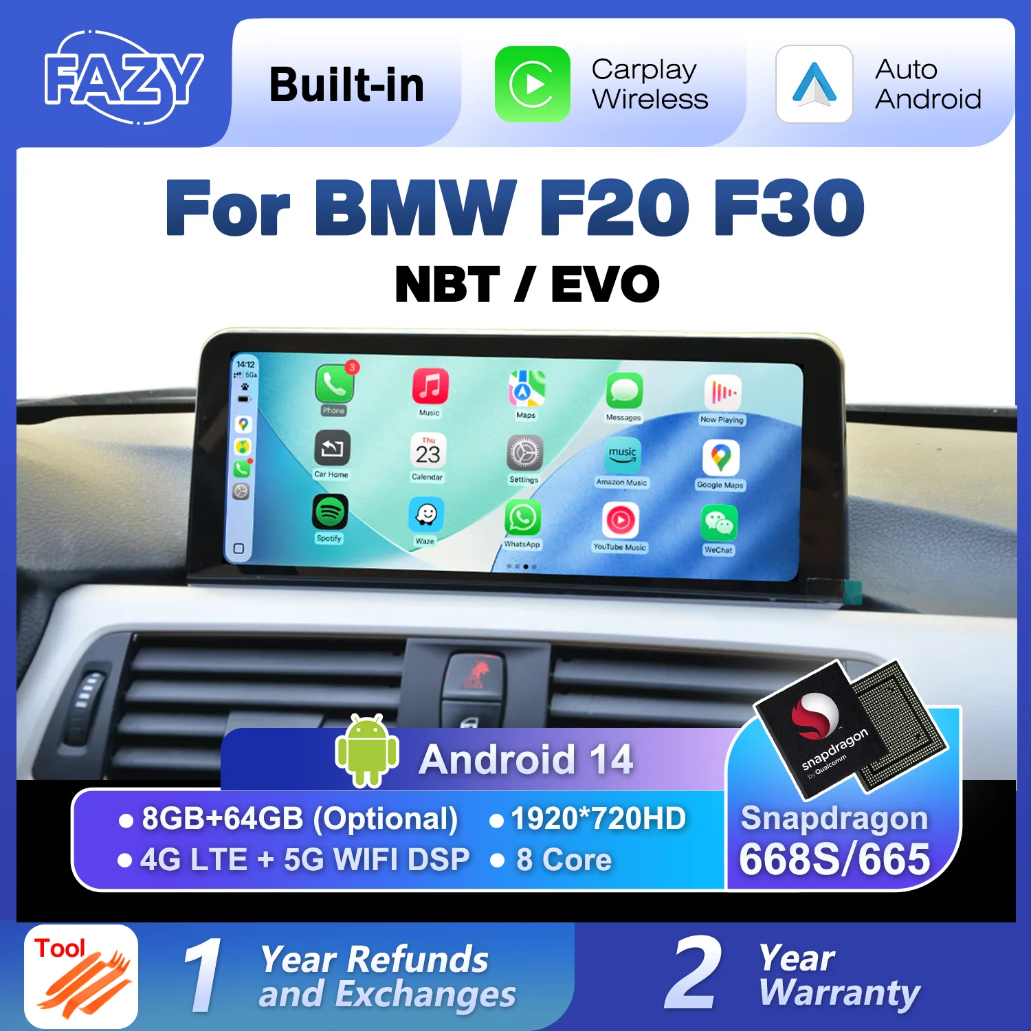 Pantalla CarPlay de 10.25'' con Qualcomm 668S y Android 14 para BMW Serie 1 2 3 4 F20 F21 F22 F23 F30 F31 F32 F33 F34 Reproductor Multimedia GPS 1