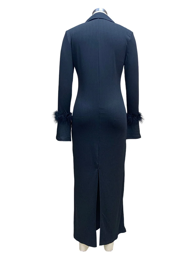 Autumn & Winter New Women's Fashion Polo Neck Feather Long Pit Stripe Dress Elegant & Beautiful Party Evening Dress
