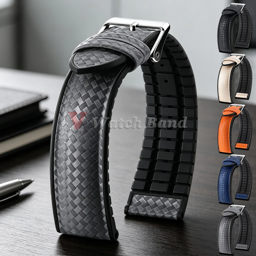 Carbon Fiber Hybrid Waterproof Silicone Watch Strap - Grey, Orange, Blue