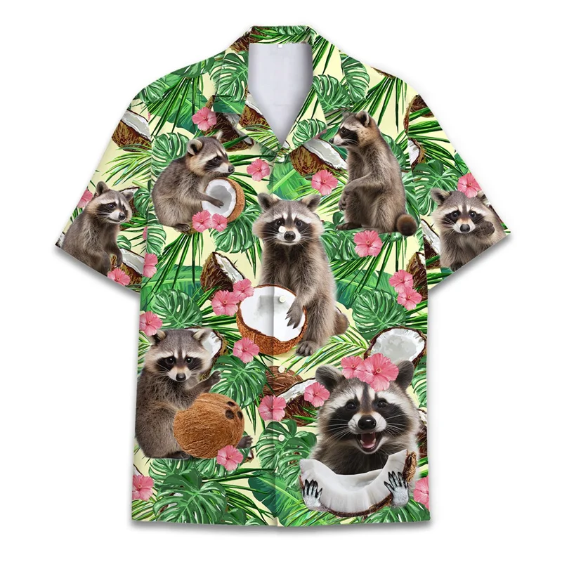 Camisas hawaianas con estampado 3D de animales, gatos, mapaches, para hombre, camisa con estampado de dinosaurio, solapa con botones, manga corta, ropa de moda Aloha
