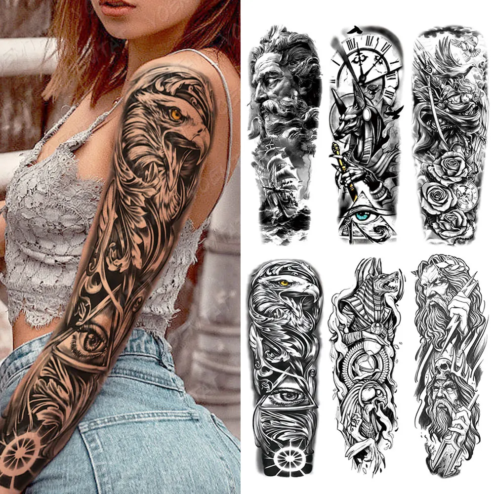 Tattoo Sticker Large Full Arm Sleeve Waterproof Temporary Tattoo Sticker Wave Winter Eagle Robot Dog Rose Fake Tatoo Body Art Tattoos Men Women