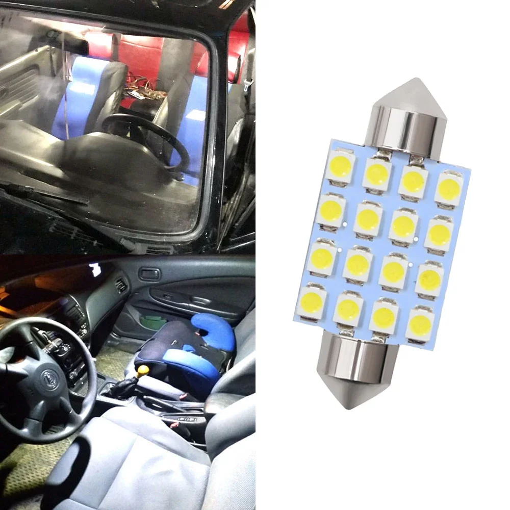 T10 3528 DC 12V White 16SMD Led Dome Festoon Door Lights Interior Reading Bulb 36mm 39mm 41mm Auto Roof Tail Lamp Trunk License