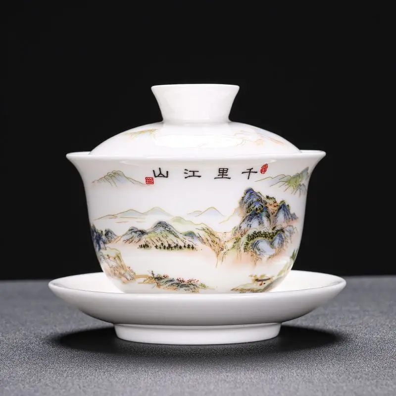 Suet Jade Porcelain Sancai Gaiwan, Hovering Teacup, White Ceramic Single Tea Bowl, Suspension Tea Set, Tureen, Household Teaware