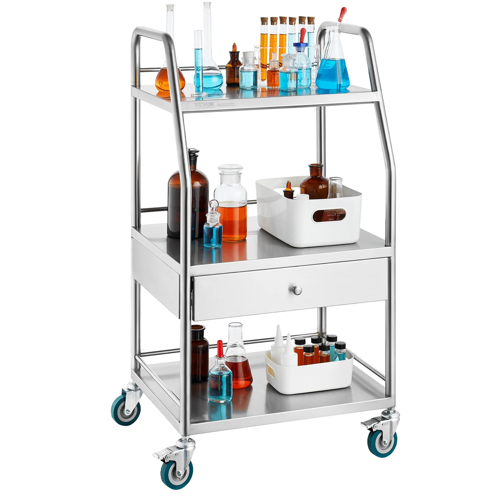 Stainless Steel 3 Layer Lab Serving Cart with Lockable Wheels