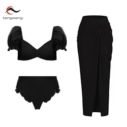 Tengweng 2024 New Sexy Puff Sleeve Ruffle Bikini Set Swimsuit Skirt 3 Piece Bikinis Swimwear High Waist Bathing Suit Beach Dress