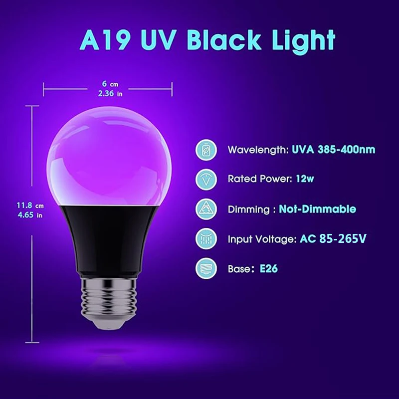 12W E27 UV LED 전구 보라색 검정색 전구 글로우 장식 형광등 램프 AC 85-265V