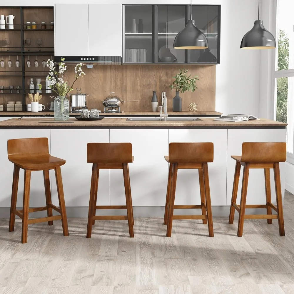24.5" Bar Stools, Counter Height Bar Stools w/Low Back & Footrest, Farmhouse Wooden Dining Chairs