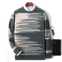 New Autumn Winter Thick Warm Cashmere Sweater Men's Round Neck Knitted Pullover 100% Merino Wool Contrasting Menswear 1