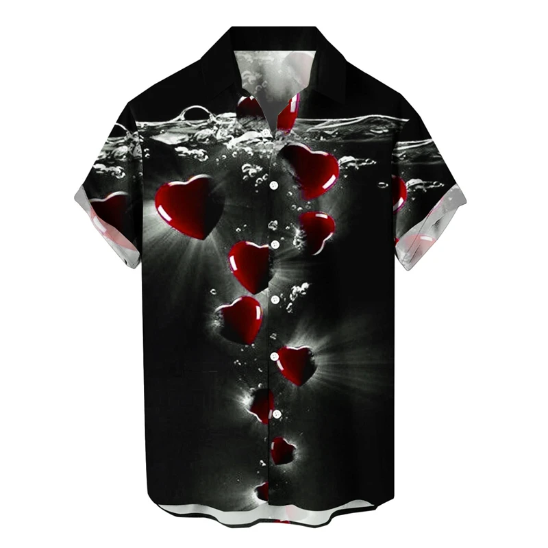 thumbnail image 1 of Camisa casual de moda para hombre con estampado 3D de corazón amoroso nueva de 2024 con solapa de estilo hawaiano, manga corta, ropa transpirable, 1 of 5