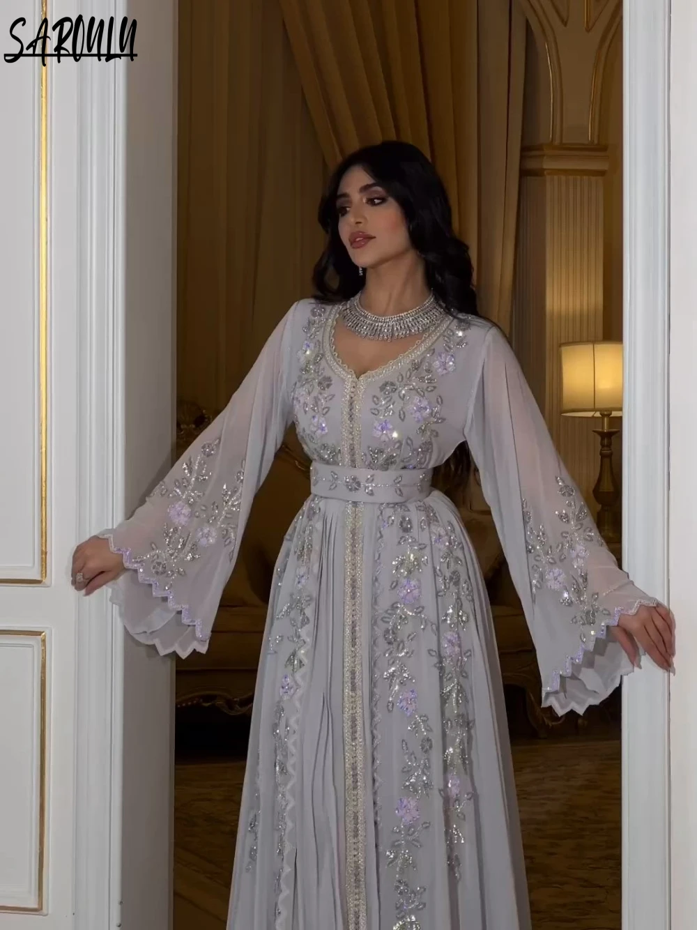 Caftan Marocain Pour Mariage - Taille L - Crêpe De Soie Orange - Neuf Sans étiquettes