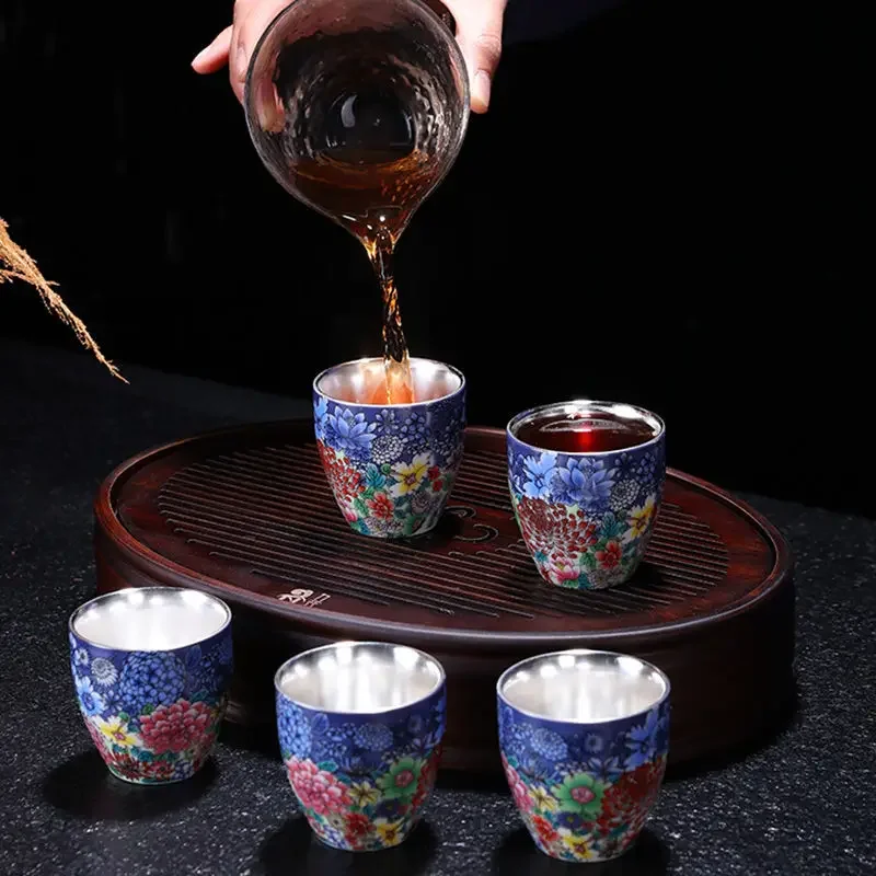 999 Pure Silver Handmade Gilt Porcelain Teacups Color Enamel Master Drinkware Ceramic Retro Teaware 90ml