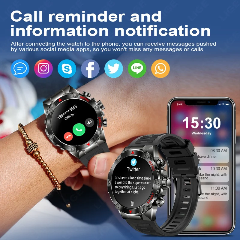 LIGE Bluetooth Call Smart Watch Men 1.43 Inch 466*466 HD AMOLED Screen Waterproof Sports Tracker Health Monitor Men Smartwatch