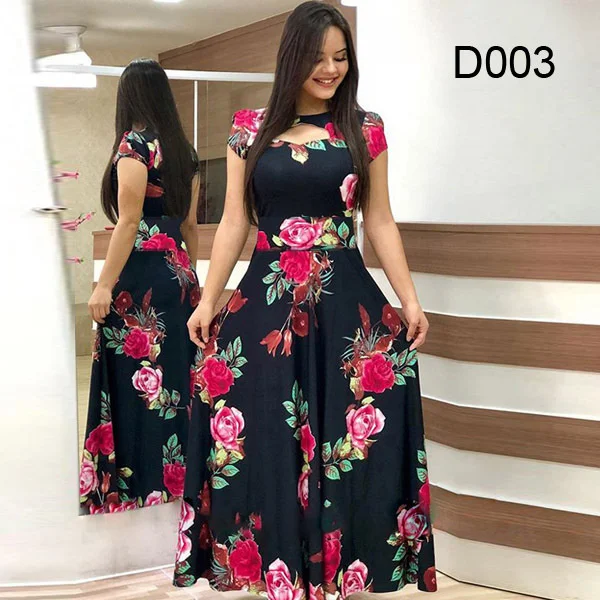 

Women's short sleeved hollow o-neck dress summer fashion printed flower high waist elastic Boho elegant gown Maxi vestidos