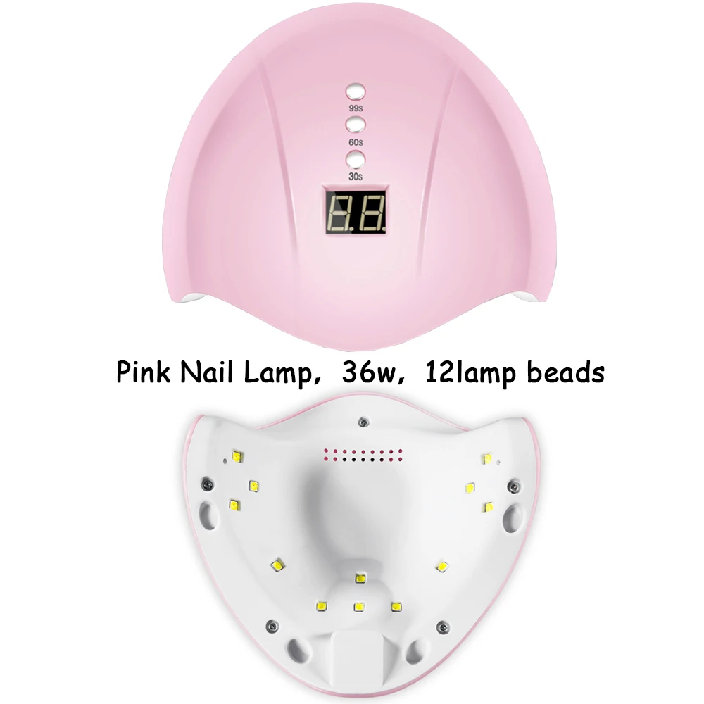 36w Pink Nail Dryer Machine 12 Lamp Beads Uv Led Nail Lamp 30/60/90s