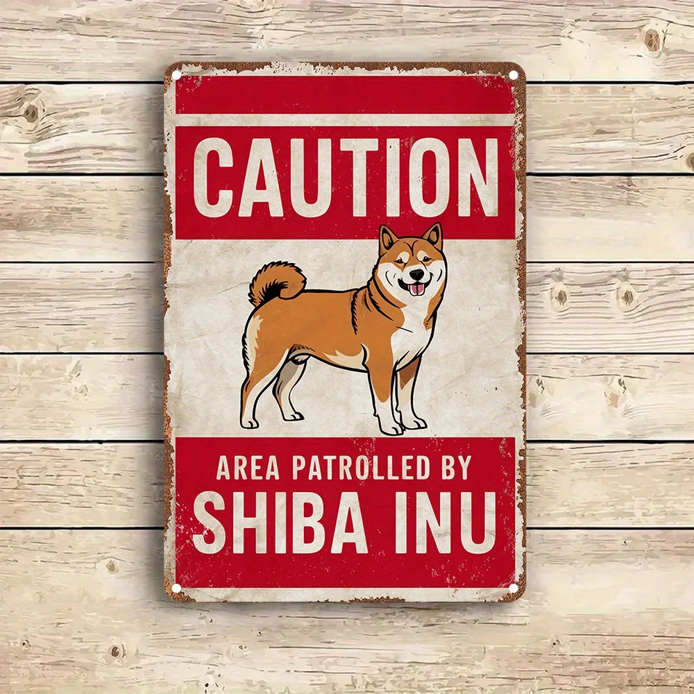 Room Decor Vintage-Inspired Aluminum Sign, "Caution Area Patrolled by Shiba Inu" - High-Definition Print, Durable Metal Wall Ar