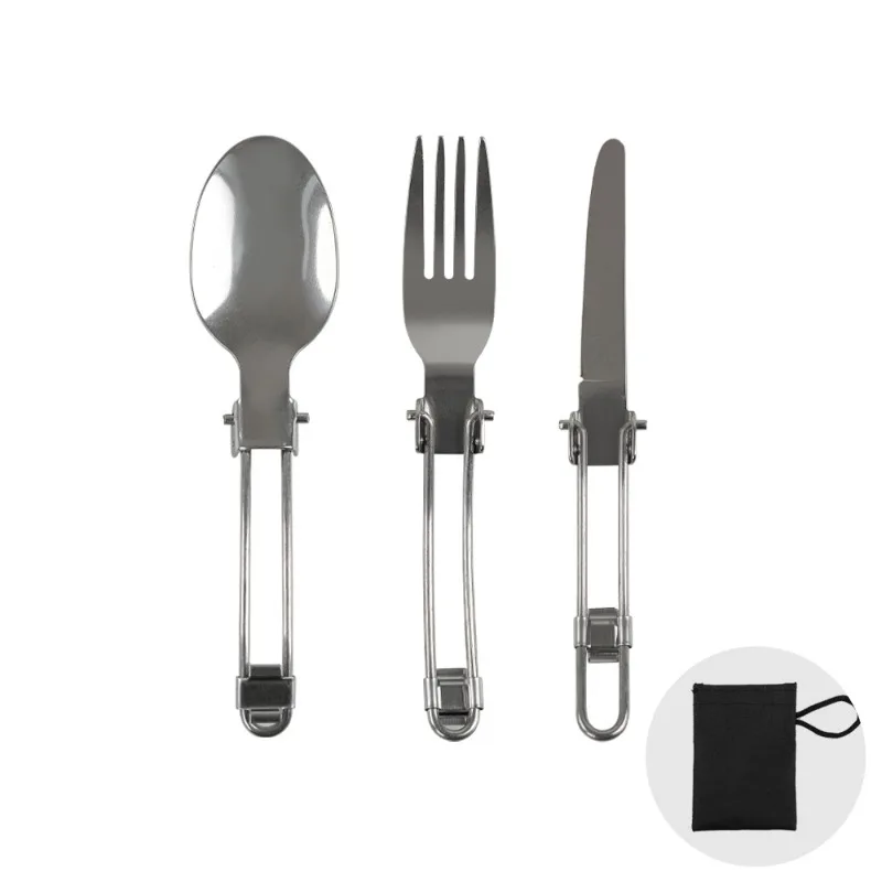 Stainless Steel Folding Tableware for Outdoor Travel Portable Folding Knives Forks and Spoons Cloth Bag Picnic Camp Cutlery