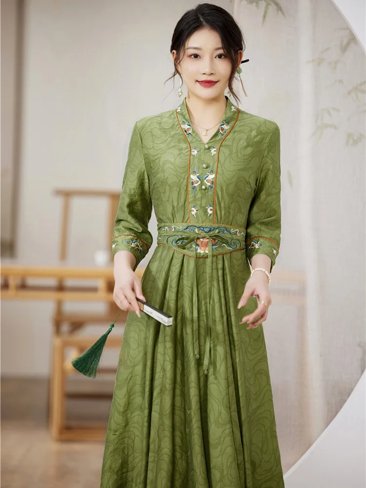 

High-end Spring Summer Women Dress Retro Elegant Embroidery Jacquard A-line Lady Belt Party Hanfu Dress Tea Clothes S-XXL