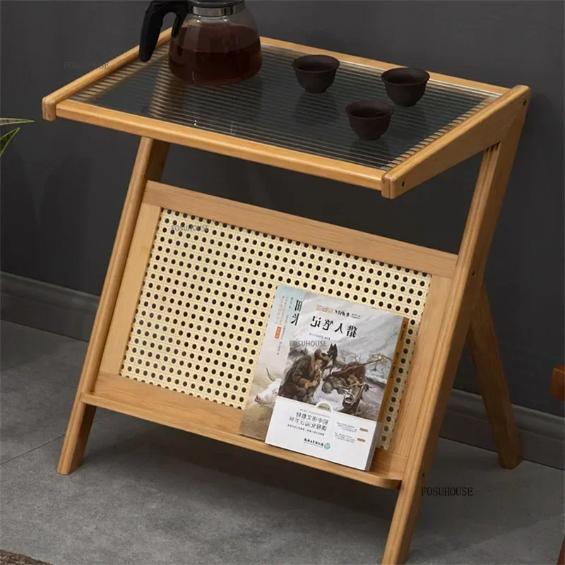 Bamboo Sofa Side Table Home Furniture Living Room Creative Coffee Corner Rattan Edge Table Glass Balcony Leisure