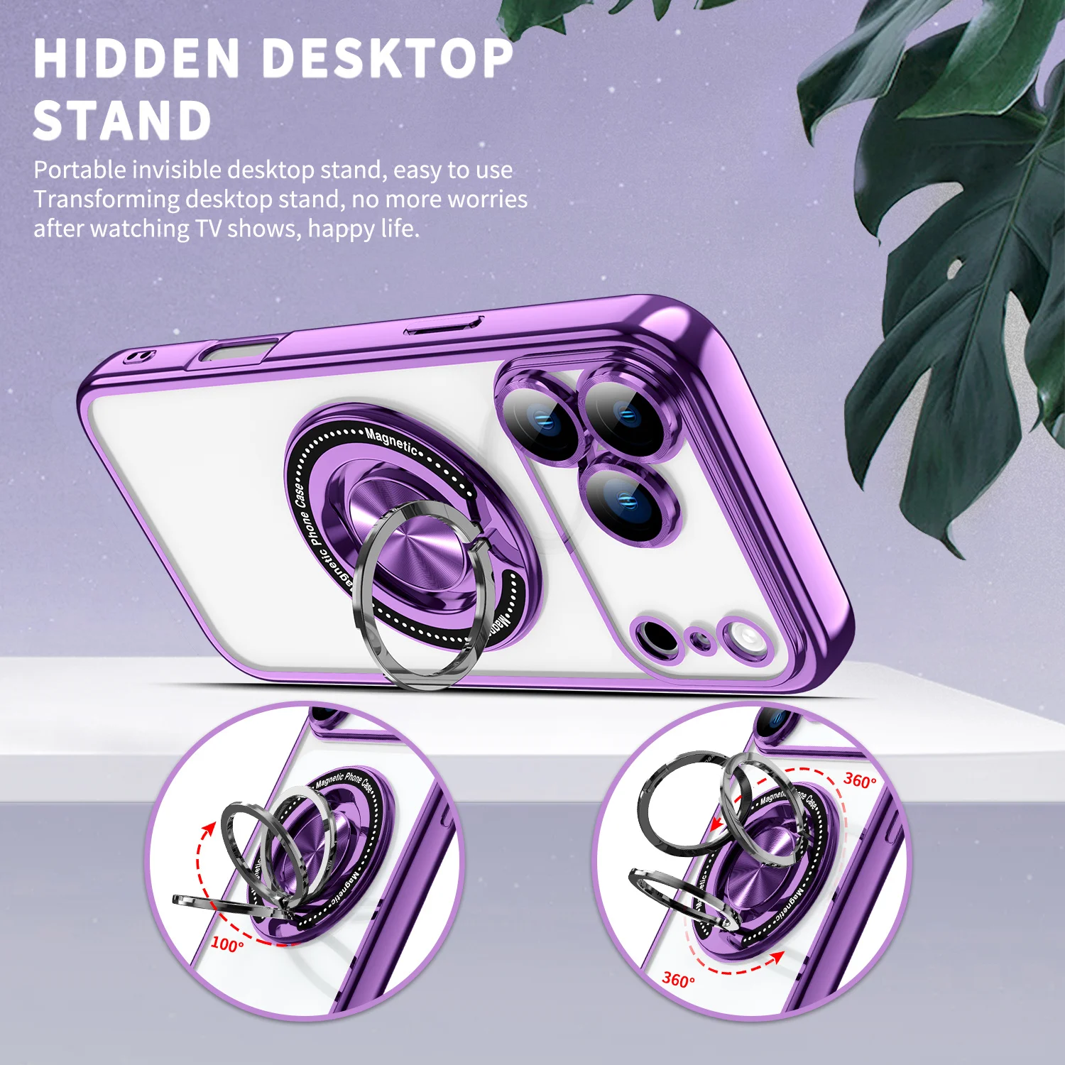 Luxury Magnetic Ring Stand Holder Case with Plating and Clear Design