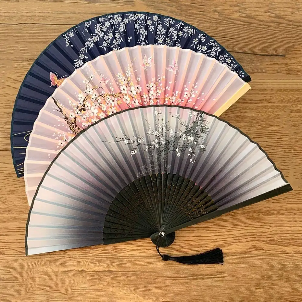 Vintage Silk Folding Fan Sakura Flower Pattern Hand Fan Creative Art Craft Chinese Style Fan Dance Decor Home Wedding Ornaments