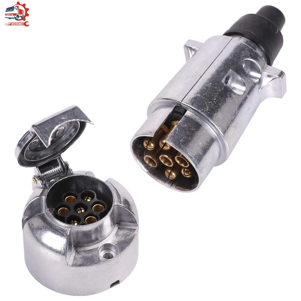 Trailer Plug Socket Set 7 Pin Towbar Trailer Socket Metal Aluminium Alloy Towing 12V Round Adapter Car Lights Connectors For Boats Truck Caravan