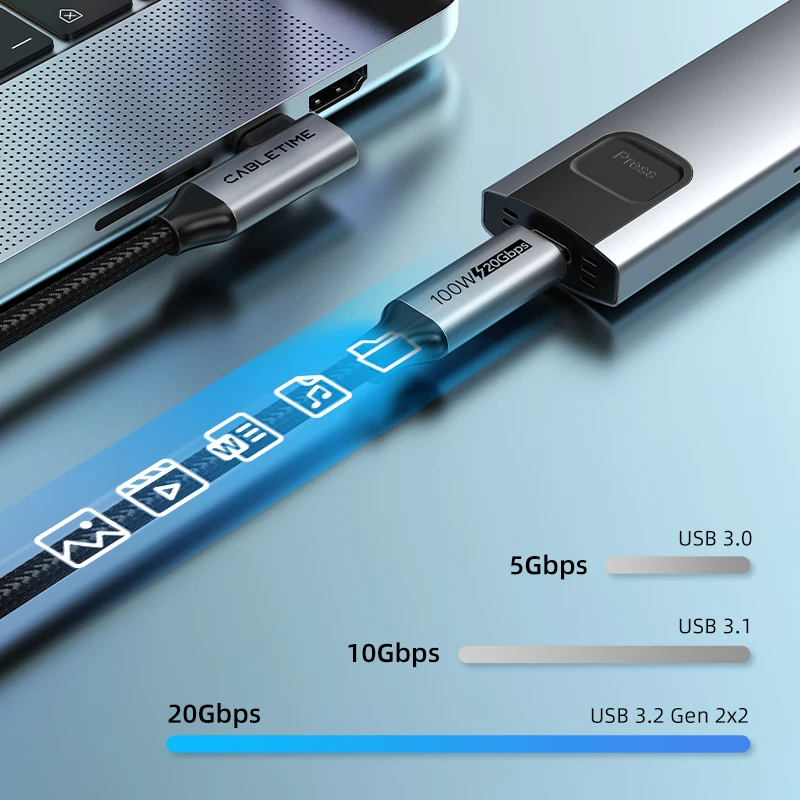 CABLETIME 아이폰 16 맥북 프로 아이패드용 비디오 고속 충전 USB 3.2 2 세대, 20Gbps, 90 도 PD 100W, 4K, 60Hz
