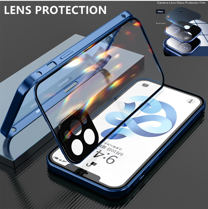 360 Full Protective Magnetic Case for iPhone 13 12 11 Pro XS Max X XR  Mini Double Sided Glass With Camera Lens Protection Cover cute iphone se cases