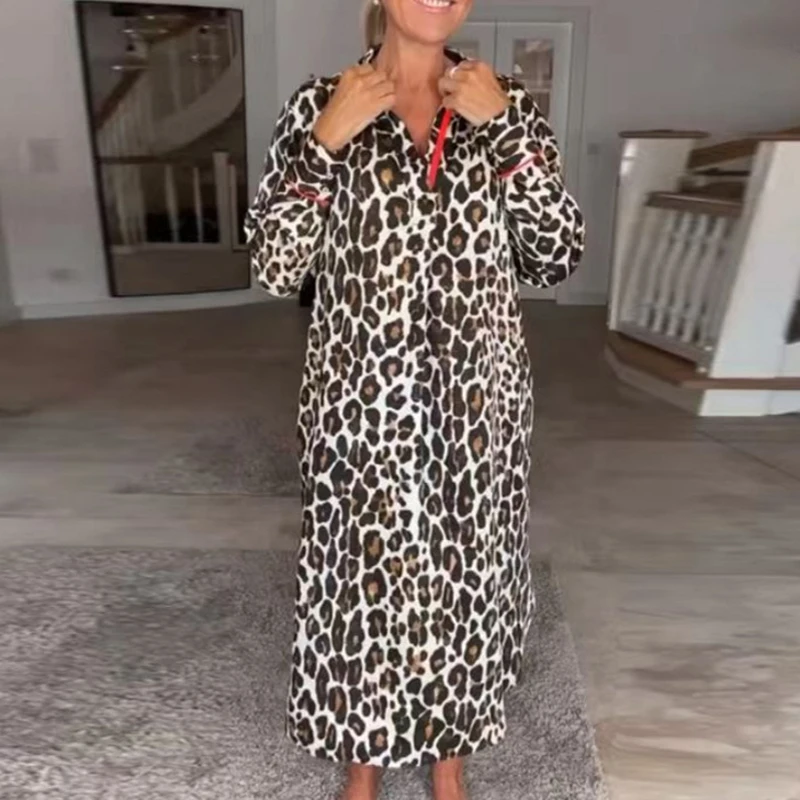 

Women Retro Leopard Print Long Shirt Dress Spring Single Breasted Lapel Commuter Lady Dress Autumn Long Sleeve Boho Maxi Dresses