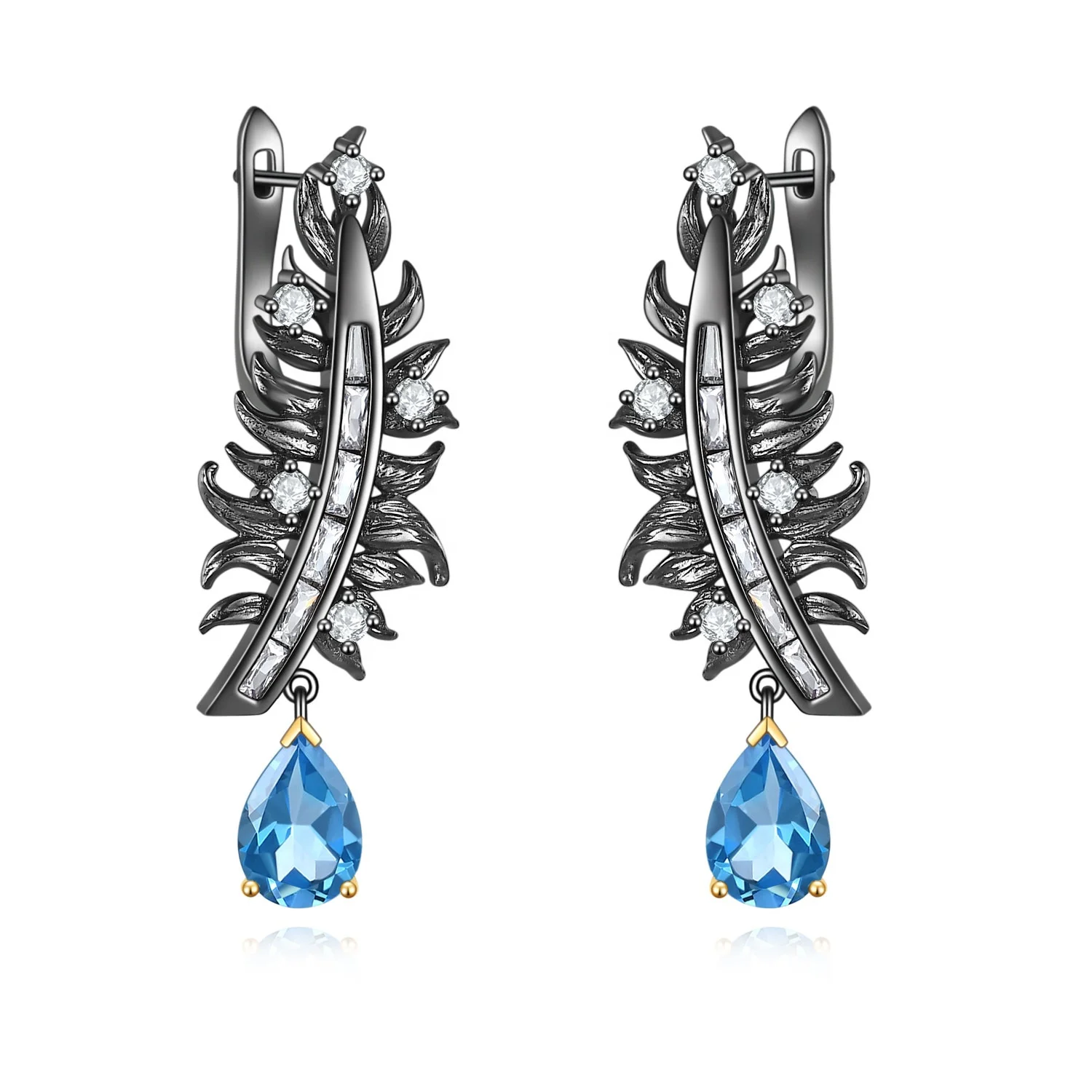 

C8274 3 Years Plating Lasting Handmade Setting Blue Topaz Black Gun Plated 925 Sterling Silver Earrings