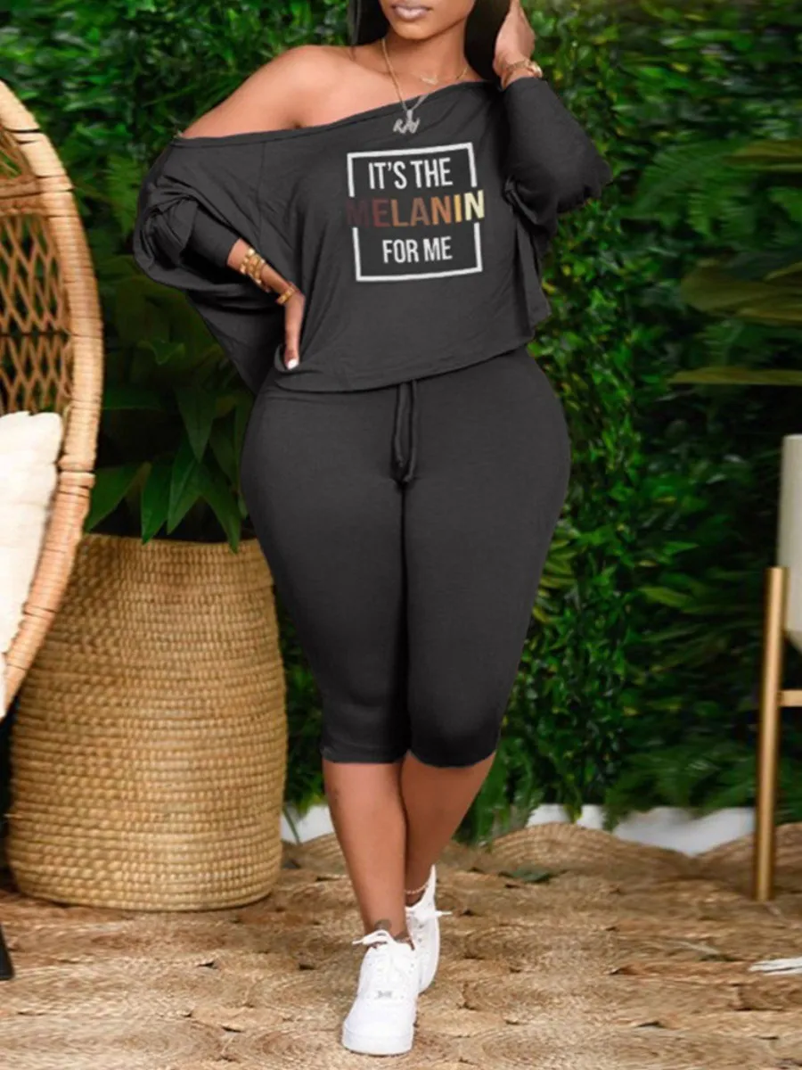 LW Plus Size Letter Print Drawstring Pants Set Polyester Casual Women 2 Pieces Batwing Sleeve Tops and Shorts Matching Outfit