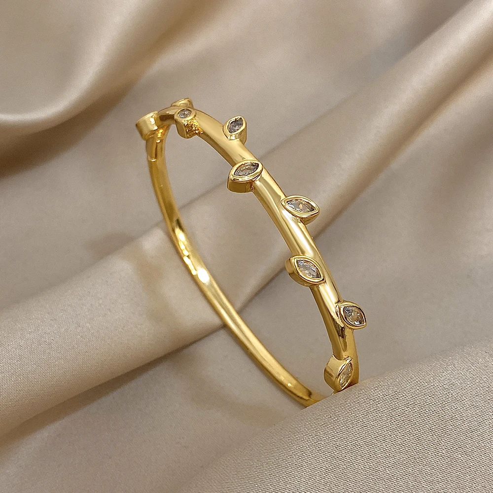 Elegant Zircon Geometric Stackable Cuff Bangle with Rhinestone Charms