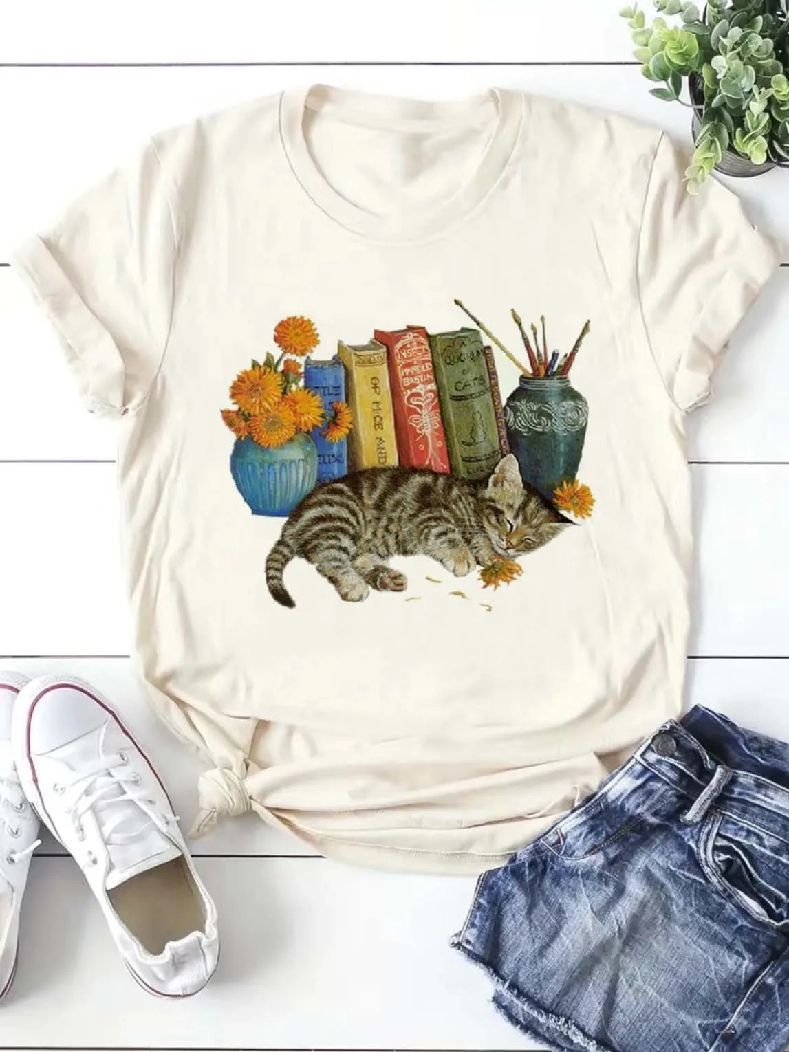 

Милая и милая модная женская футболка с рисунком акварельной кошки, футболка с принтом, одежда с принтом, футболка с коротким рукавом