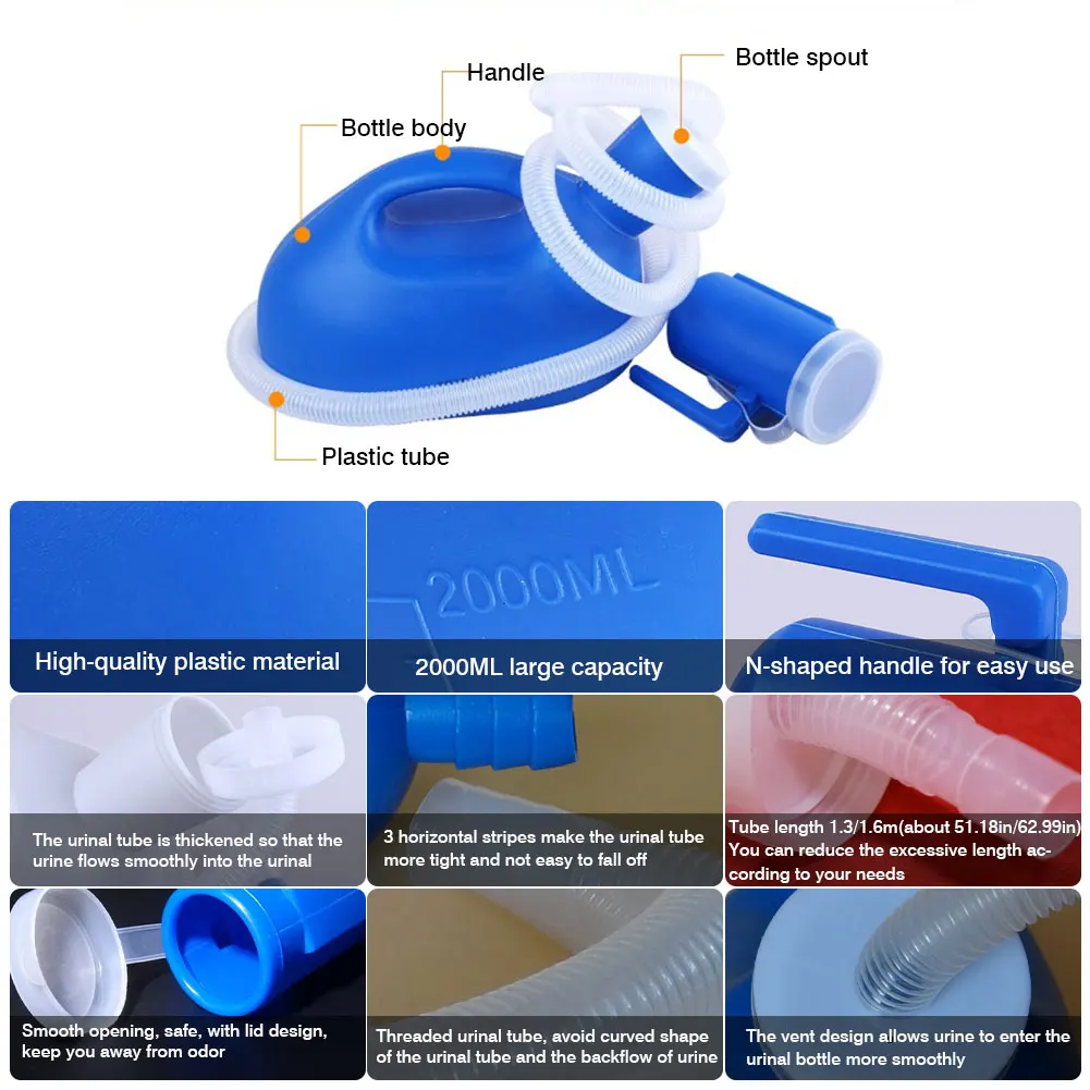 Urinal Bottle Portable Urinal Potty with Lid and Extension Tube Outdoor Urinal Chamber Pot for Men Women Camping Travel 2000mL